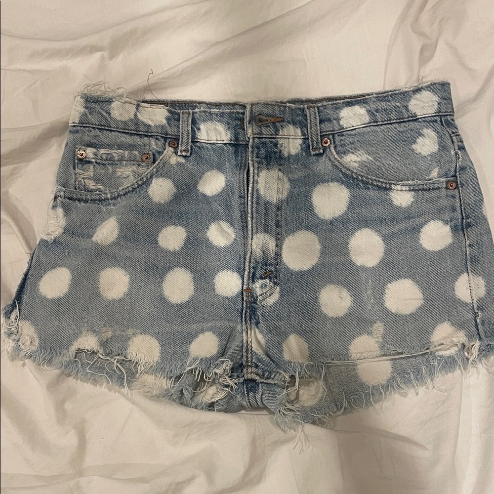 Blue Denim Shorts with White Polka Dots